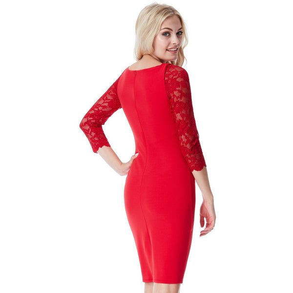 Pen κόκκινο Midi φόρεμα με δαντελένια μανίκια
