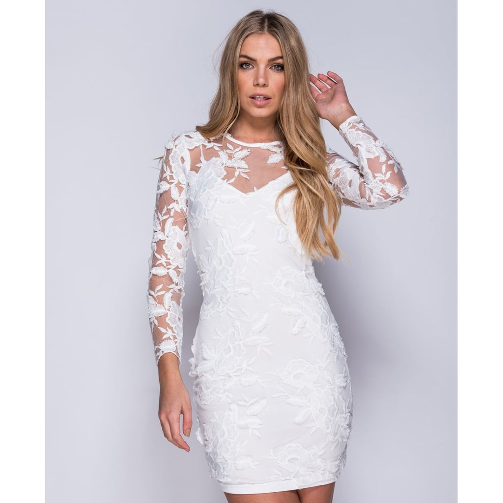 Mel λευκό δαντελένιο φόρεμα με μακρύ μανίκι lasmariposas 
